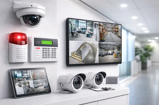Telecamere, sirena e centrale di un impianto di sicurezza
