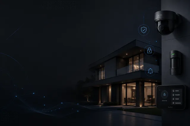 Villa moderna di notte protetta da un sistema di sicurezza